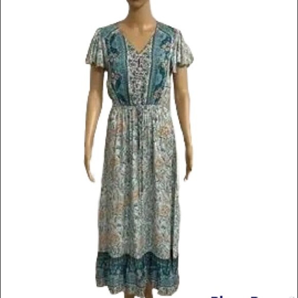 Stellah Boho Tie Waist Midi Dress Green Multi Small Floral Flutter Sleeve VNeck